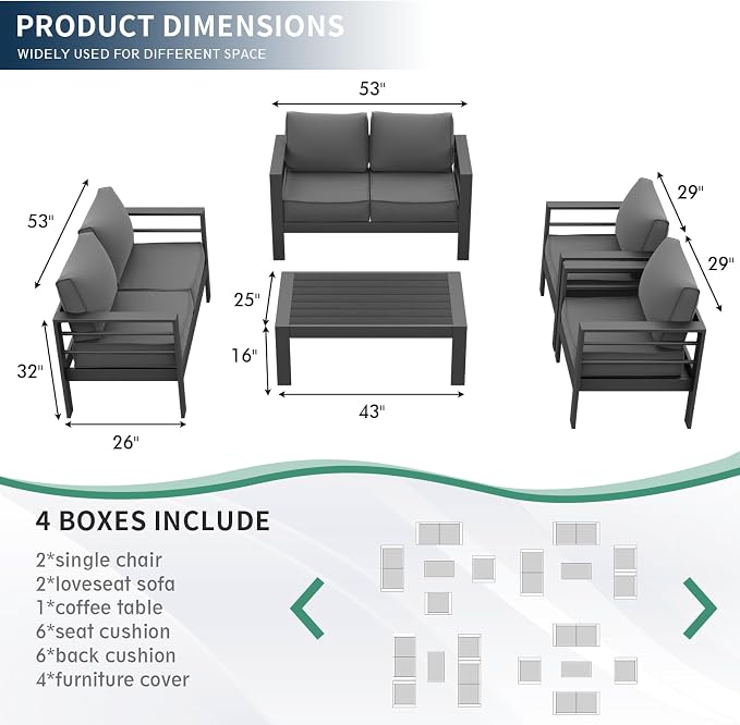 Amopatio Aluminum Patio Furniture Set, 7 Pieces Modern Patio Conversation Sets, Outdoor Sectional Metal Sofa with Coffee Table for Balcony, Garden, Dark Grey (Included Waterproof Covers)
