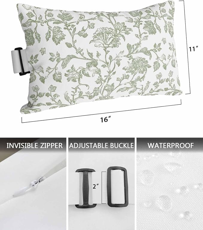Pack of 2 Outdoor Lumbar Pillow Covers 11x16 Inch, Green Leaf Flower Waterproof Throw Pillow Covers Set, Vintage Farmhouse Bohemian Spring Indoor&Outdoor Decorative Cushion Cases for Patio Porch Beach