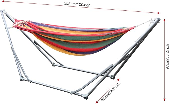 Double Hammock, Portable Hammock with Space Saving Metal Stand and Carrying Bag, Heavy Duty Hammock with Stand for Indoor Outdoor Courtyards Porch Deck Garden, 440 lb Capacity (Red)