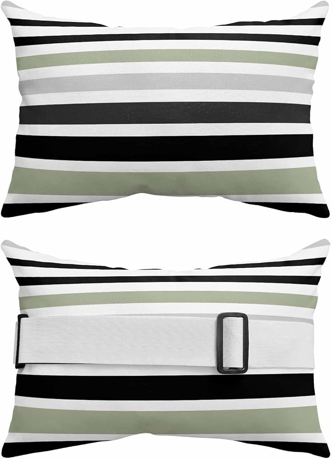 Sage Green Black Stripe Outdoor Pillows for Chaise Lounge Chair Waterproof Lumbar Pillows with Insert Beach Headrest Pillow Modern Abstract Coarse Striped Recliner Neck Pillow for Patio Pool 11"x16"
