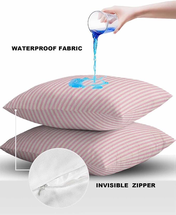 Outdoor Waterproof Throw Pillow Covers Set of 2 Pink Stripes Pillowcases 18x18 Inches Linen Classic Vertical Striped Patio Decorative Pillows Cushion Case Patio Pillows for Couch Bed Chair Garden