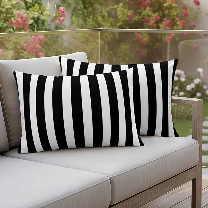 Outdoor Pillow Covers,Black White Geometric Stripe Decorative Throw Pillow Cover Waterproof Pillowcase Set of 2,Linen Cushion Case for Sofa Couch Bed 20x12 Inch,Modern Minimalist Line