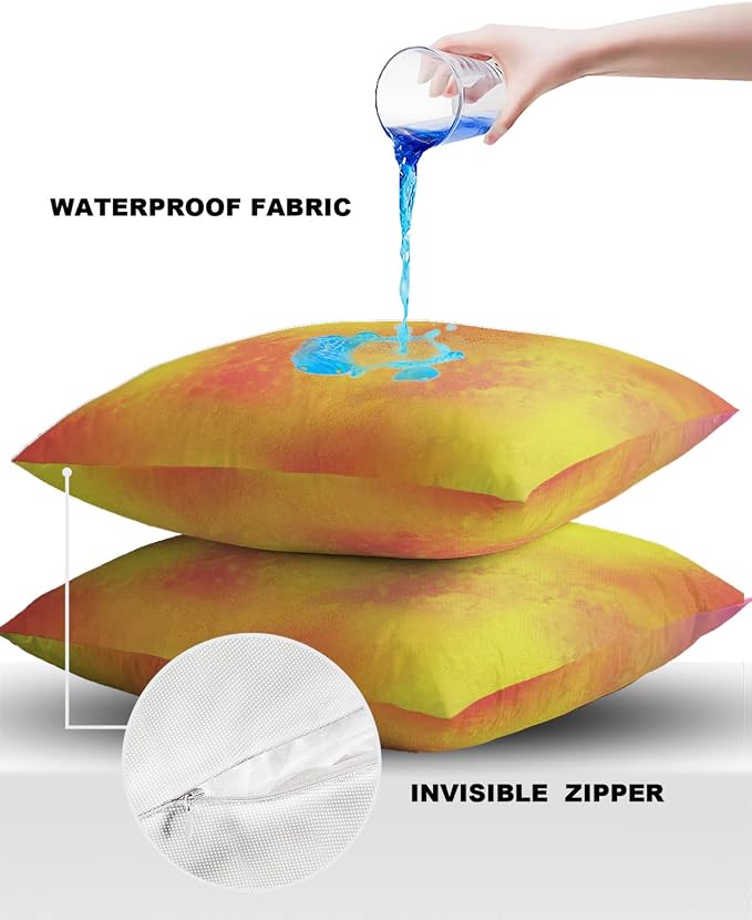 Fall Ombre Orange Yellow Outdoor Throw Pillow Covers 24x24 Inch, Waterproof Watercolor Autumn Decorative Cushion Pillow Cases, Polyester Pillowcase Set of 2 for Couch Patio Furniture