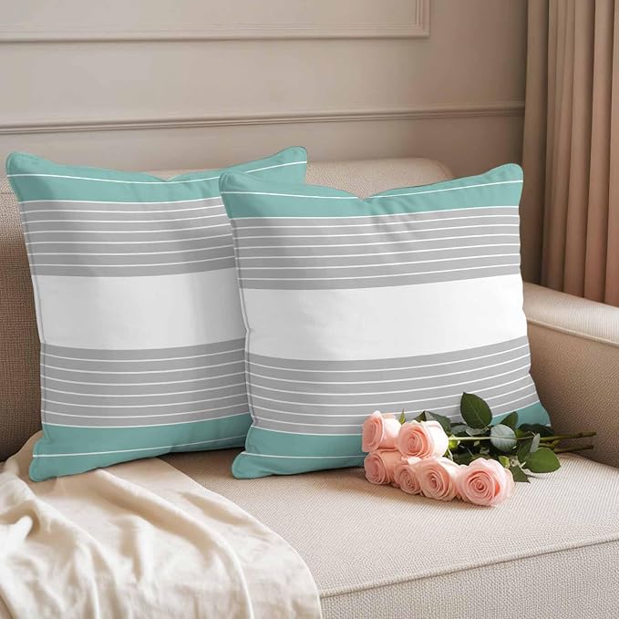 Turquoise Grey Stripe Outdoor Pillow Covers Set of 2 Gradient Line Waterproof Throw Pillow Cover Decorative Cushion Cases for Patio Porch Garden 16X16 Inch