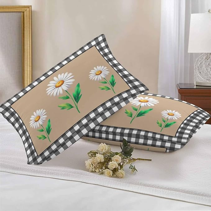 YOKOU Waterproof Throw Pillow Covers, Daisy Flowers Black White Buffalo Check Plaid Decorative Pillowcase Soft Cushion Case for Patio Couch Tent Balcony, Set of 2 Rectangle, 20"X12"