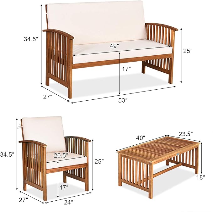 Tangkula Outdoor 4 Pcs Acacia Wood Sofa Set w/Water Resistant Cushions, Padded Patio Seating Chat Set w/Coffee Table for Garden, Backyard, Poolside (1, White)