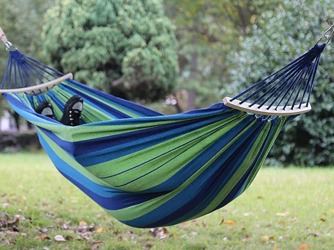 Outdoor Camping Canvas Fabric Portable Garden Ultralight Striped Hammocks with Strong Rope (100 cm, Wooden Curved Strip, Blue)