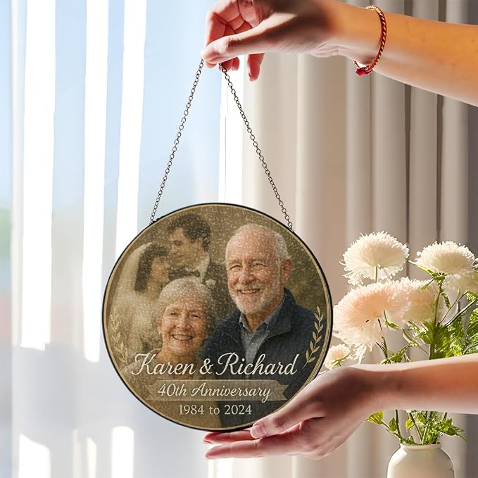 Personalized Wedding Anniversary Before After Photo Stained Glass Window Hanging Suncatcher - Heartfelt Gift for Parents, Grandparents, Old Couple - Custom Wedding