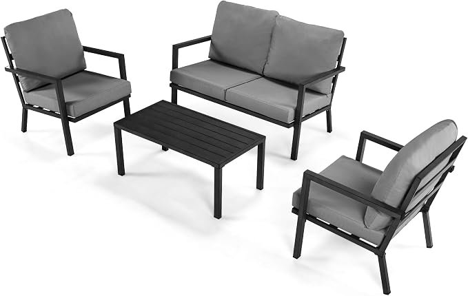 HAPPATIO Aluminum Patio Furniture Set, 4 Pieces Conversation Set with Thick Cushions and Coffee Table, All Weather 3-Seat Sofa Waterproof and Rustproof for Garden, Backyard, Porch, Black