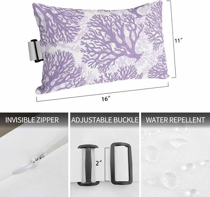 Outdoor Lumbar Pillow Set of 2, Purple Coral Waterproof Beach Headrest Pillow with Inserts, Coastal Summer Ocean Nautical Sea Recliner Throw Pillows for Patio Furniture, 12 x 20