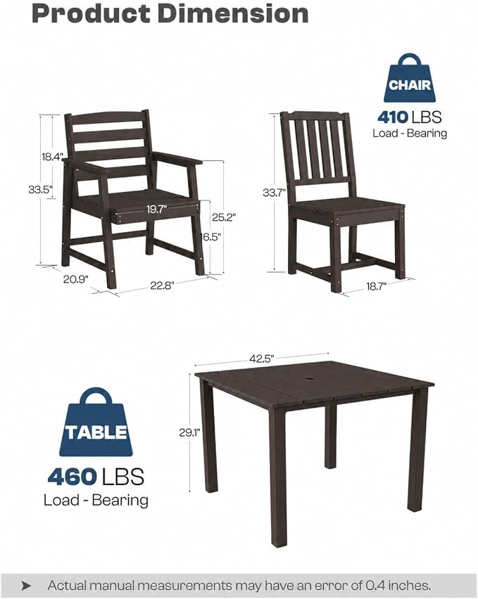 HDPE Outdoor Dining Set for 4, Square Table and Chairs, Brown | All-Weather HDPE, Wood Grain Finish, 42.5" Square Table, Built-In Umbrella Hole, Seats 4, Patio & Poolside Ready