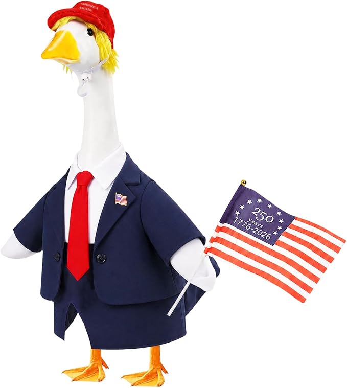 Porch Goose Outfit with Wig Hat for 23 Inch Goose Statue,Outdoor Yard Decor | USA Flag 250th Anniversary Design, Patriotic Porch Goose Clothes with Hat Wig Pin, Outdoor Yard Lawn Patio Holiday Decor