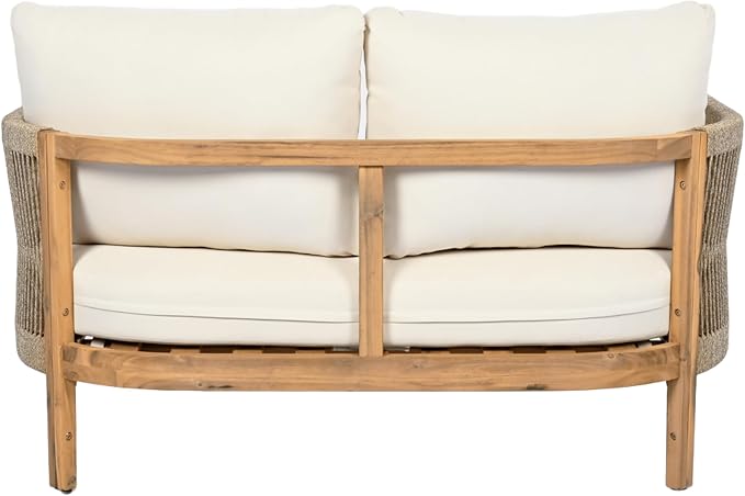 Christopher Knight Home Havets 2 Pieces Conversation Set, Acacia Wood Loveseat and Coffee Table Set, Woven Rope Armchair, Slats Panel End Table, 6" Thick Cushion Couch for Backyard Garden, Teak+Beige