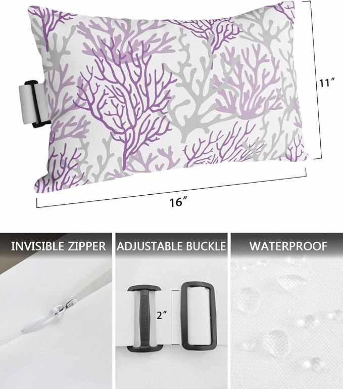 Purple Grey Coral Outdoor Beach Chair Pillow Headrest for Chaise Lounge Chair, Recliner Head Pillow Waterproof Pillowcases with Elastic Band & Pillow Inserts 11x16 Summer Ocean Coastal Geometric Sea