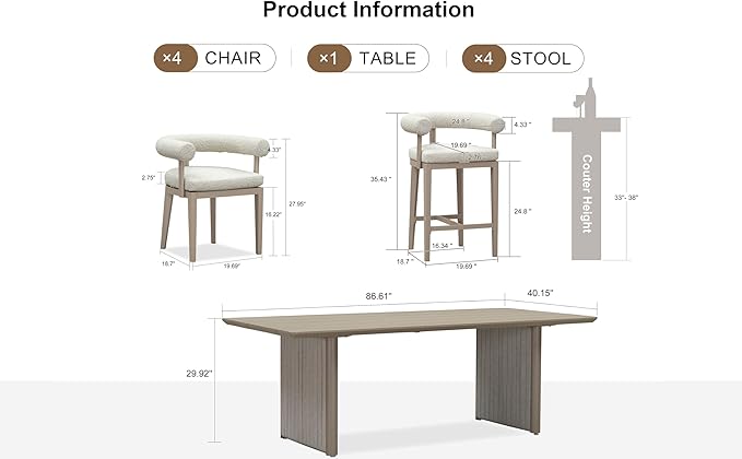 PURPLE LEAF Patio Dining Set 5 Pieces Luxury Modern Conversation Set with Counter Stools Aluminum Large Rectangle Dining Table and Chairs with Olefin Cushion Outdoor Furniture Set for Garden Deck