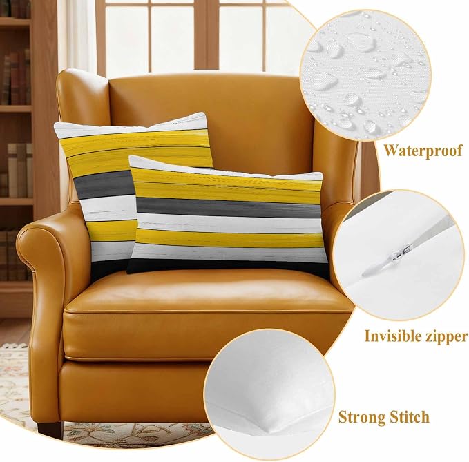 Yellow Black Outdoor Pillow Covers 20"x12" Set of 2, Striped Gradient Wood Grain Modern Art Waterproof Throw Pillow Covers for Patio Furniture, Decorative Cushion Covers for Porch
