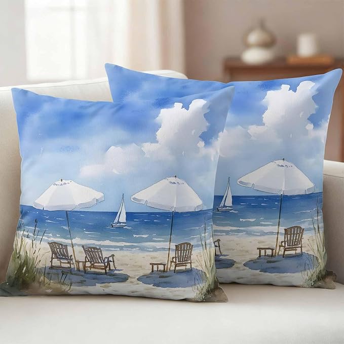 Watercolor Summer Beach Outdoor Waterproof Throw Pillow Covers Set of 2, 18"x18", Sun Umbrella Beach Chair Decorative Pillow Covers Outside Cushion Case for Patio Porch Garden