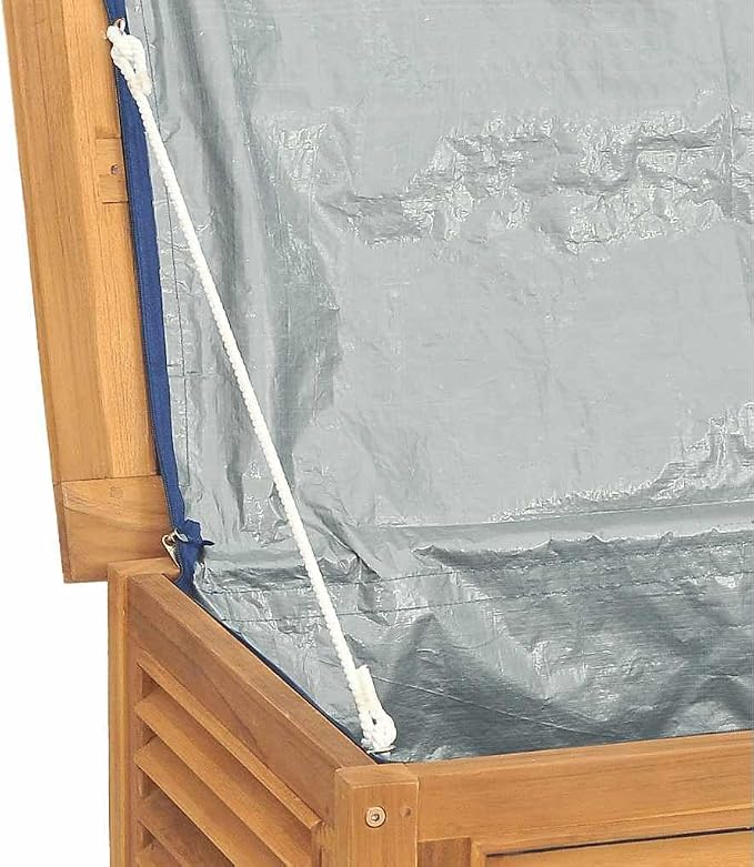 Solid Teak Wood Patio Storage Box with Louvres Design and PE Bag, 68.9"x19.7"x21.7" Outdoor Storage Chest for Garden Tools and Household Items