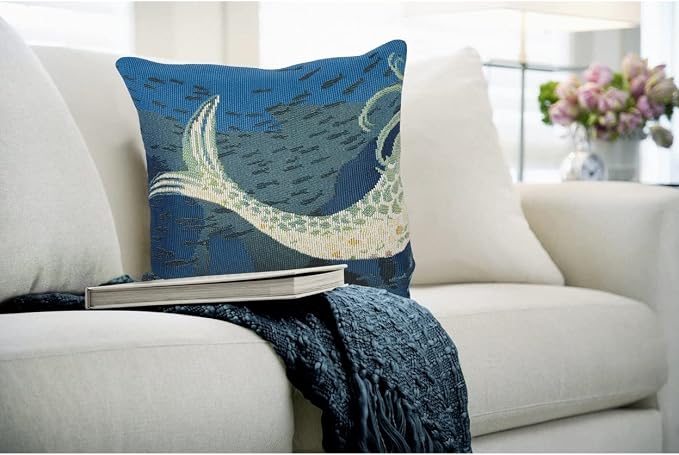 Liora Manne MARINA Indoor/Outdoor Power Loomed Easy Care Pillow - Transitional Graphic Coastal Beach Accent (Mermaids Are Real Ocean) (18" x 18")