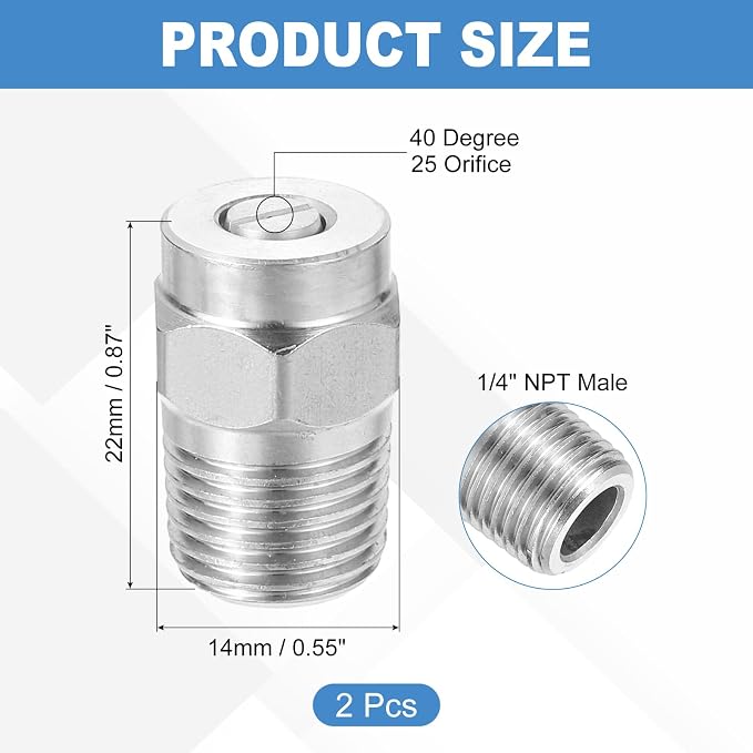 uxcell 2Pcs Pressure Washer Nozzle, Stainless Steel Thread Nozzles Tips, Universal Replacement for Undercarriage Cleaner Water Broom, 1/4 Inch NPT Male, 40 Degree 025 Orifice