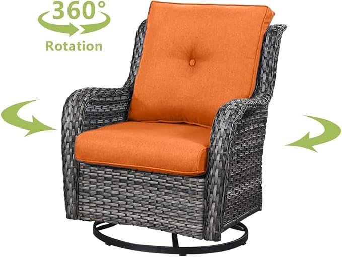 HUMMUH 3-Piece Swivel Rocking Rattan Chair Outdoor, Patio Bistro Furniture Conversation Set, Cushioned Wicker Chair with Glass Coffee Table(Grey, Orange)