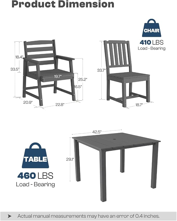 HDPE Outdoor Dining Set for 4 with 10FT Umbrella, Grey | All-Weather HDPE, Wood Grain Finish, 42.5" Square Table, Built-In Umbrella Hole, Seats 4, Patio & Poolside Ready