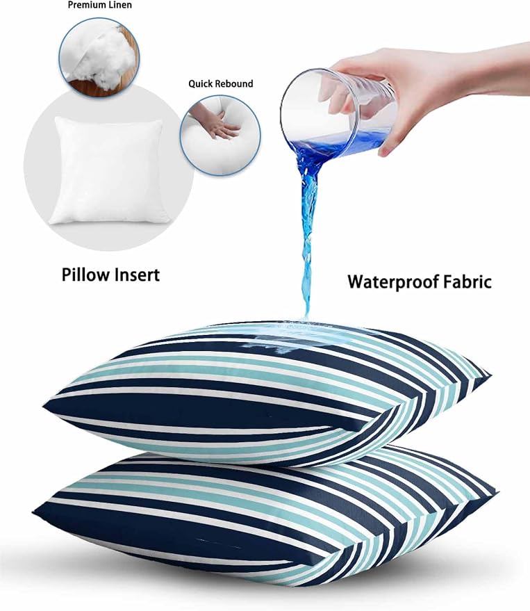 Outdoor Waterproof Throw Pillows Nautical Navy Blue Contrast Stripe Patio Pillows Pack of 2,Decorative Pillow Covers with Insert,Pillow Cushion Case for Garden Couch Sofa Modern Minimalist Line