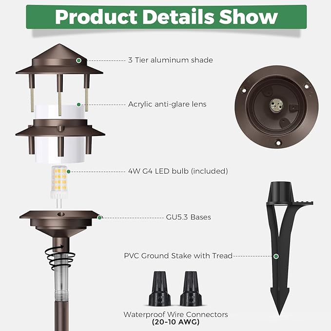 Gardencoin Pagoda Low Voltage Landscape Pathway Lights, 12V Outdoor LED Path Lights Wired, Aluminum Walkway Lighting with 4W 2700K Replaceable G4 Bulb, Bronze Classic 3-Tier Lantern, 12 Pack