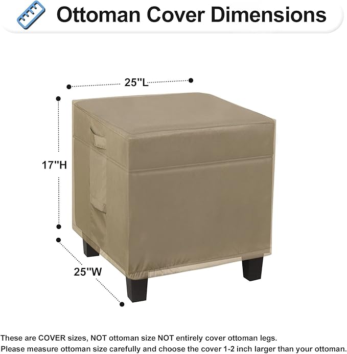 OutdoorLines Outdoor Waterproof Patio Ottoman Covers - Square UV-Proof Patio Side Table Cover Windproof Heavy-Duty Furniture Covering Protector 25L x 25W x 17H Inch, Camel