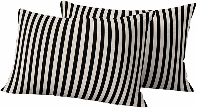 Black Beige Stripe Outdoor Pillow Covers Set of 2 Vintage Abstract Classic Minimalist Vertical Striped Waterproof Throw Pillow Cover Decorative Cushion Cases for Patio Porch Garden 20X12 Inch