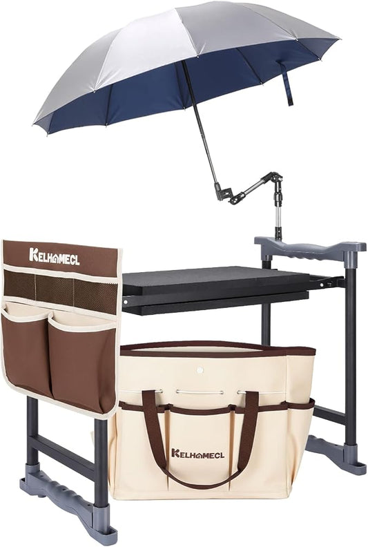 Garden Kneeler and Seat with Umbrella,Heavy Duty Gardening Bench and Stool | 2-in-1 Foldable Gardening Stool with Adjustable Bracket，Detachable Tool Bags，Gardening Gifts for Women Mom Men Seniors