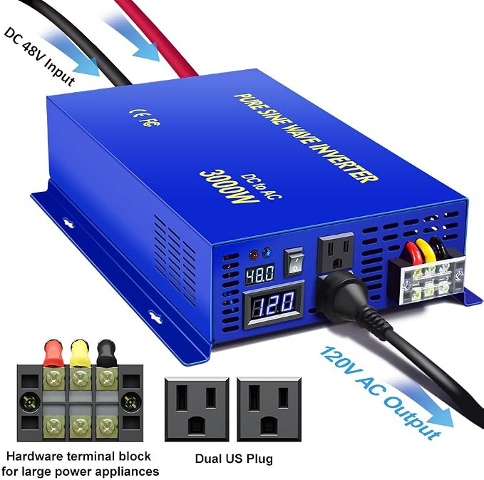 3000 watt Inverter 48 Volt Pure Sine Wave Inverter 48V DC to AC 120V 110V Surge 6000W, Power Inverter for Truck car RV Home Solar. (3000W 48V)