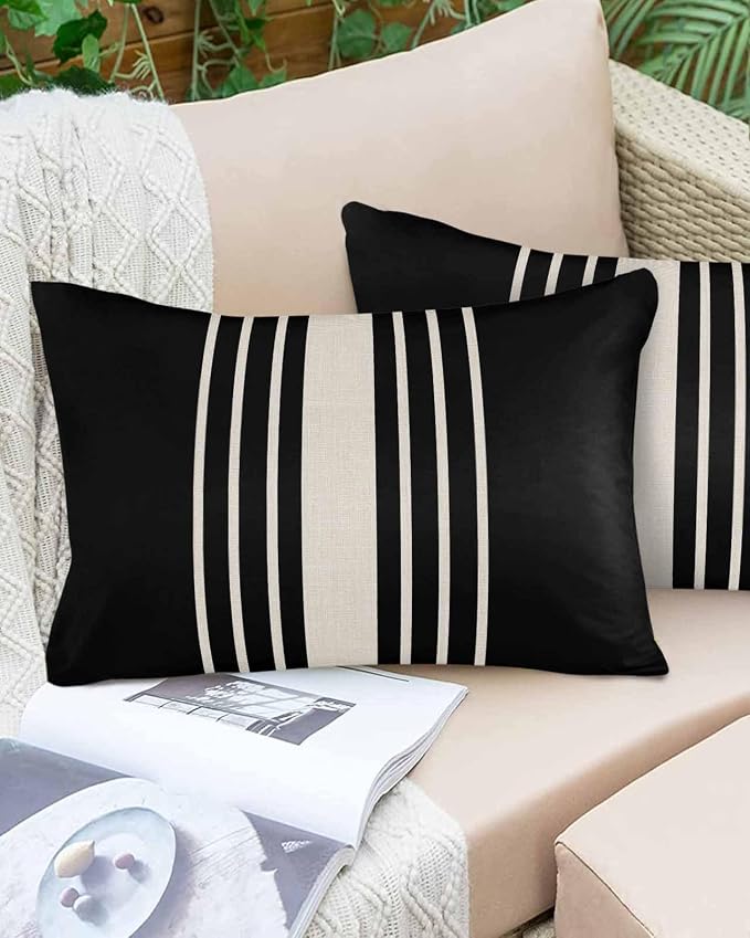 Vandarllin Outdoor Throw Pillows Covers 20x12 inch Set of 2 Waterproof Black Stripes Decorative Zippered Cushion Covers for Patio Furniture, Classic Striped Linen Lumbar Pillowcases