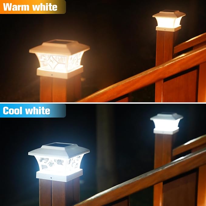 VOLISUN Solar Post Cap Lights Outdoor, Solar Powered Fence Cap Lights for 4x4 Vinyl/Wood, White Waterproof Solar Deck Post Light 4Pack Cool/Warm for Garden Patio Porch