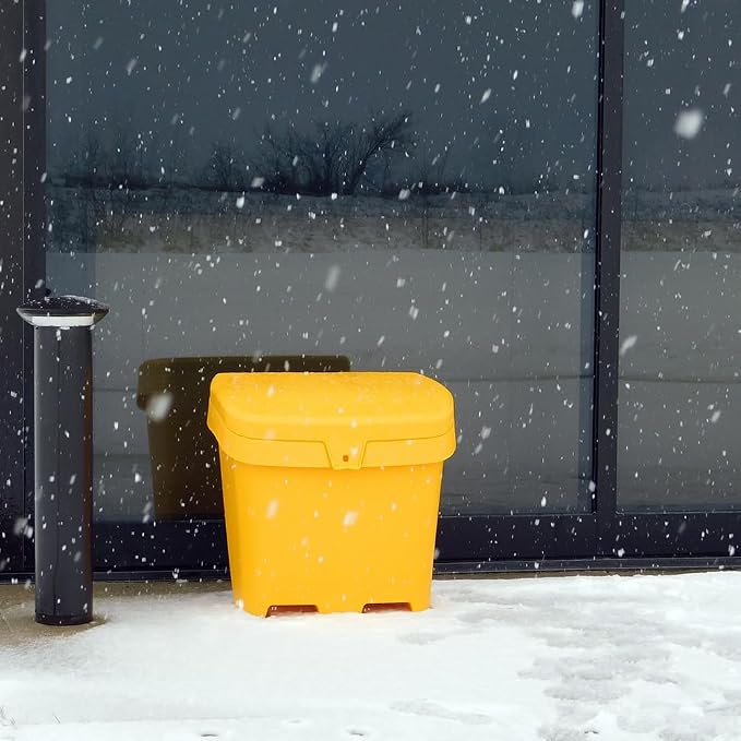 FCMP Outdoor 31-Gallon Salt & Sand Storage Bin, Yellow - Lockable Lid, Weather-Resistant UV-Resistant Plastic, Forklift Pockets, Deck Box for Patio & Garden