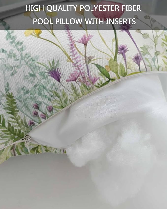 Chaise Lounge Head Resting Pillows, Spring Wildflowers Floral Plant Leaves Outdoor Chaise Pillows, Waterproof Patio Furniture Pillows with Insert and Adjustable Elastic Strap for Recliner Beach Chair