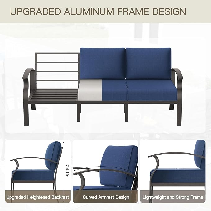 Aluminum Patio Furniture Set with Coffee Table,8 Seats Metal Modern Outdoor Furniture w/5.1" Thick Cushions,Patio Sectional for Patio,Backyard,Navy