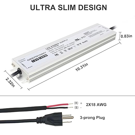 12V DC Power Supply 100W - Ultra Slim LED Driver Low Voltage Transformer with 3-Prong Plug & 3.3ft Cable, IP67 Waterproof for LED Strip Lights, Outdoor Lighting
