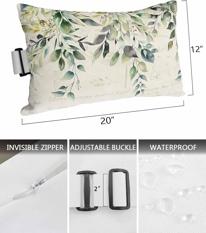 Lumbar Pillow Covers Set of 4, Eucalyptus Leaves Waterproof Outdoor Chaise Lounge Pillow Covers with Elastic Strap, Watercolor Weeping Teal Botanical Vintage Headrest Pillowcase for Patio, 12 x 20