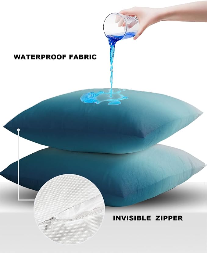 Blue Gradient Outdoor Throw Pillow Covers Waterproof Abstract Pillow Cases 16x16in,Watercolor Decorative Boho Pillow Covers Cushion Cases for Couch Sofa Patio Garden 2 Pack