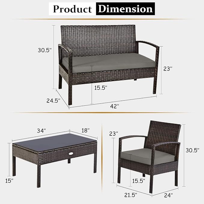 HAPPYGRILL 8-Piece Patio Furniture Set, Garden Pool Lawn Rattan Wicker Conversation Set, Loveseat Sofa Cushioned Seat & Glass Top Coffee Table