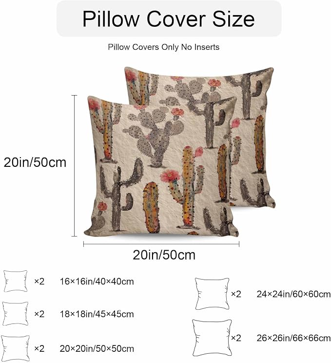 Vandarllin Outdoor Throw Pillows Covers 20x20 inch Set of 2 Waterproof Watercolor Cactus Decorative Zippered Cushion Covers for Patio Furniture, Abstract Floral Desert Lumbar Pillowcases