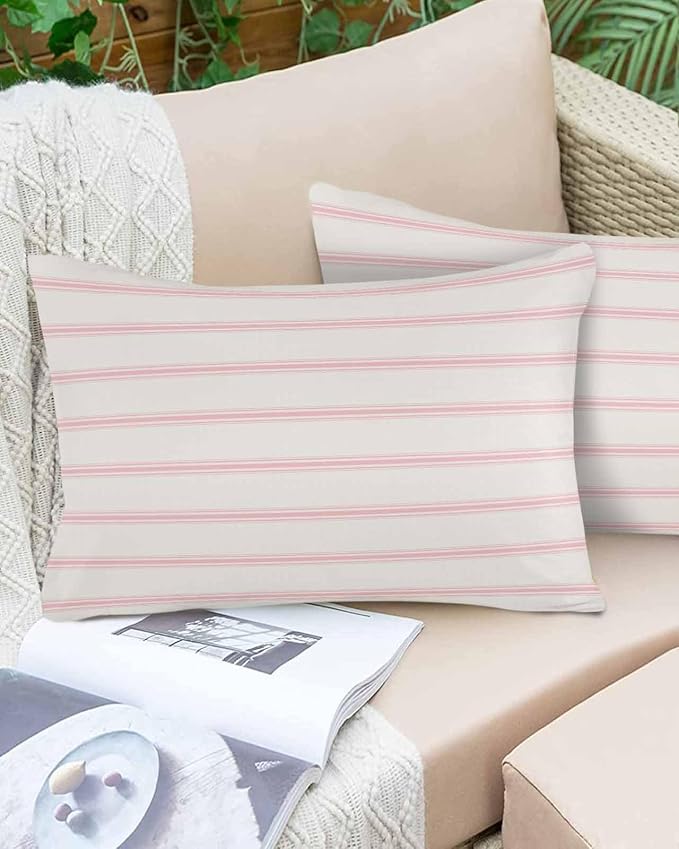 Vandarllin Outdoor Throw Pillows Covers 20x12 inch Set of 2 Waterproof Pink Stripes Decorative Zippered Cushion Covers for Patio Furniture, Abstract Lines Striped Lumbar Pillowcases