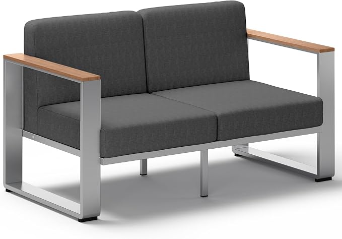 Aluminum Outdoor Patio Furniture, 1 Piece Loveseat, All-Weather Outside Sofa for Deck, Porch (Teak-Charcoal)