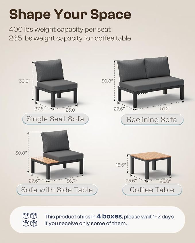 Aluminum Modular Outdoor Patio Furniture Set, 6 Seats Patio Sectional Sofa Set with Adjustable Backrest & Thick Cushions, All-Weather Conversation Sets with Table for Garden & Yard, Graphite