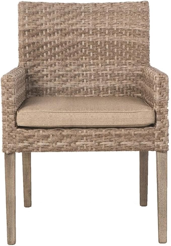 Pemberly Row 7 Piece Patio Dining Set, FSC Eucalyptus Wood Table and Wicker Chairs, Degas/Vintage Patina Finish, 71 in Rectangle Table, UV-Resistant Cushions, Driftwood Style, Outdoor Furniture Set