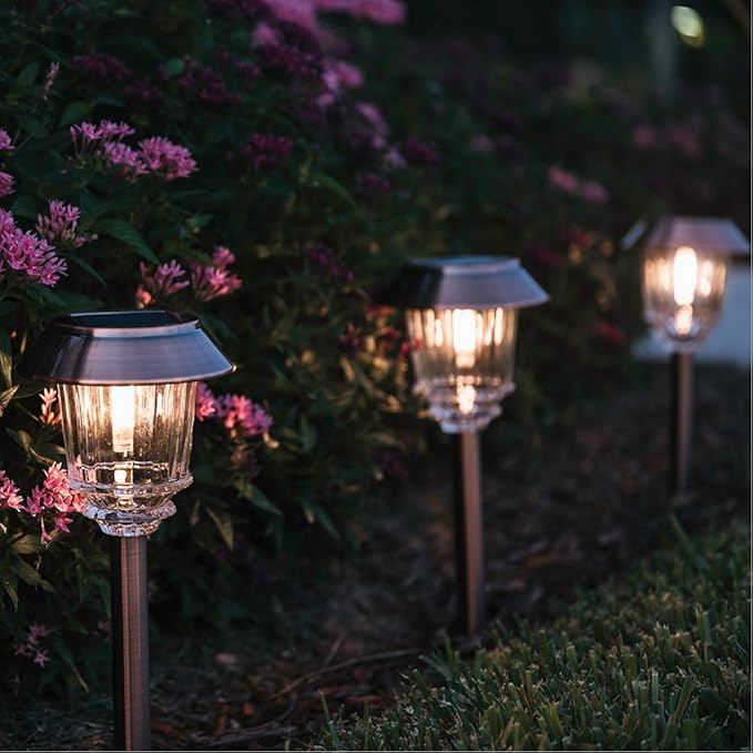 XMCOSY+ Solar Lights Outdoor Waterproof, 4 Pack Solar Lights for Outside, 10-40 LM Dimmable LED Glass Outdoor Solar Lights for Yard Pathway Garden Lawn Driveway Walkway (Warm White)