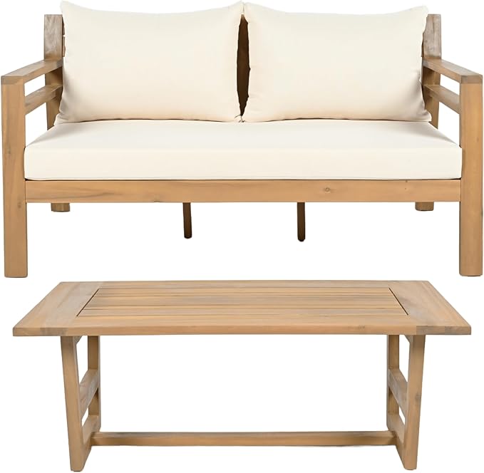 Christopher Knight Home Jamaia 2 Pieces Acacia Furniture Set, Patio Conversation Chat 2-Seat Sofa Set with Coffee Table, Outdoor Acacia Loveseat Set for Garden Porch Backyard Balcony, Light Teak+Beige
