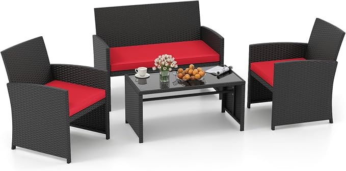 Tangkula 4 Pices Patio Wicker Furniture Set, Outdoor Heavy Duty Rattan Cushioned Chairs, Loveseat and Tempered Glass Coffee Table, for Backyard, Balcony, Poolside