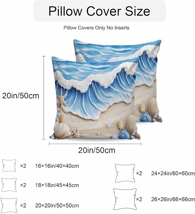 Coastal Beach Waterproof Outdoor Pillow Covers Set of 2 Home Decor, Blue Ocean Starfish Shell Seashore Sand Pillowcase Patio Pillow Covers for Couch Bench Furniture Garden 24x24in
